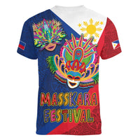 Philippines MassKara Women V-Neck T-Shirt Filipino Carnival Mask and Polynesian Pattern - Wonder Print Shop