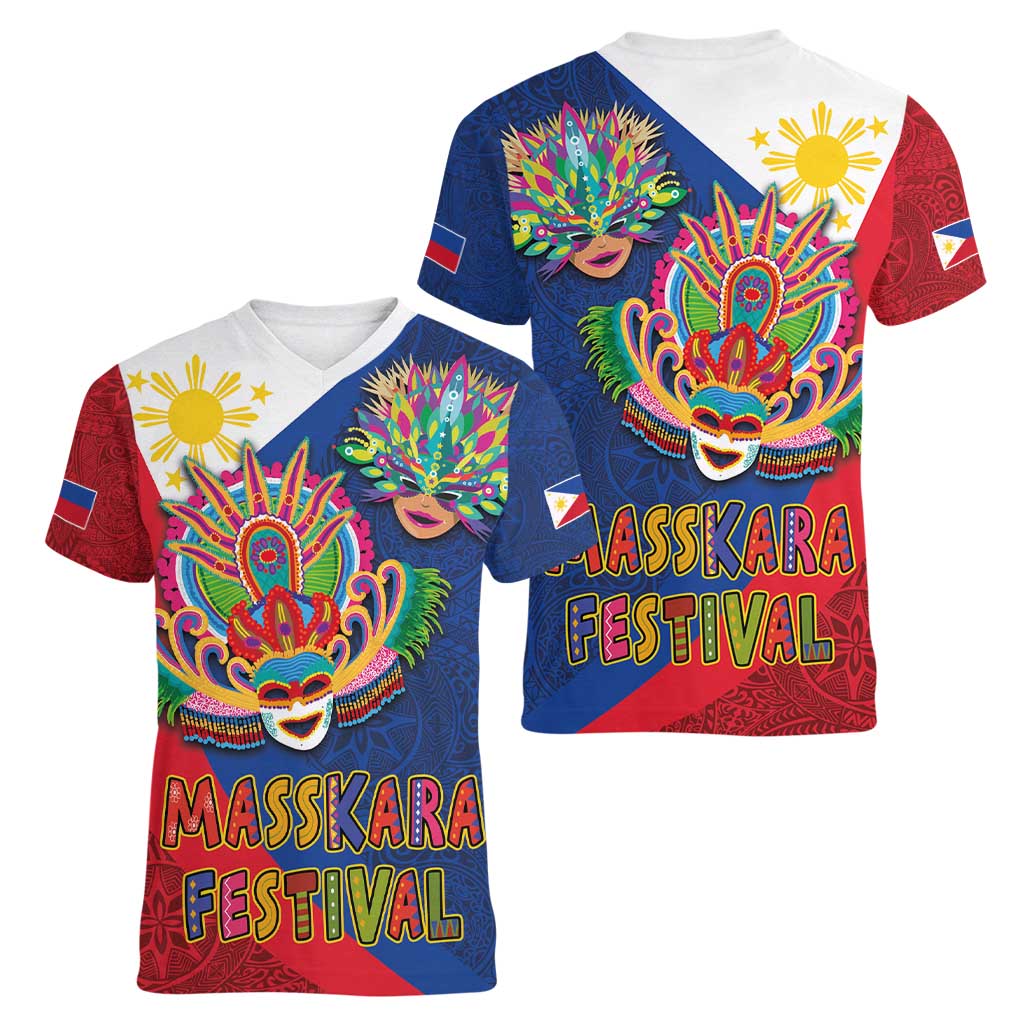 Philippines MassKara Women V-Neck T-Shirt Filipino Carnival Mask and Polynesian Pattern - Wonder Print Shop