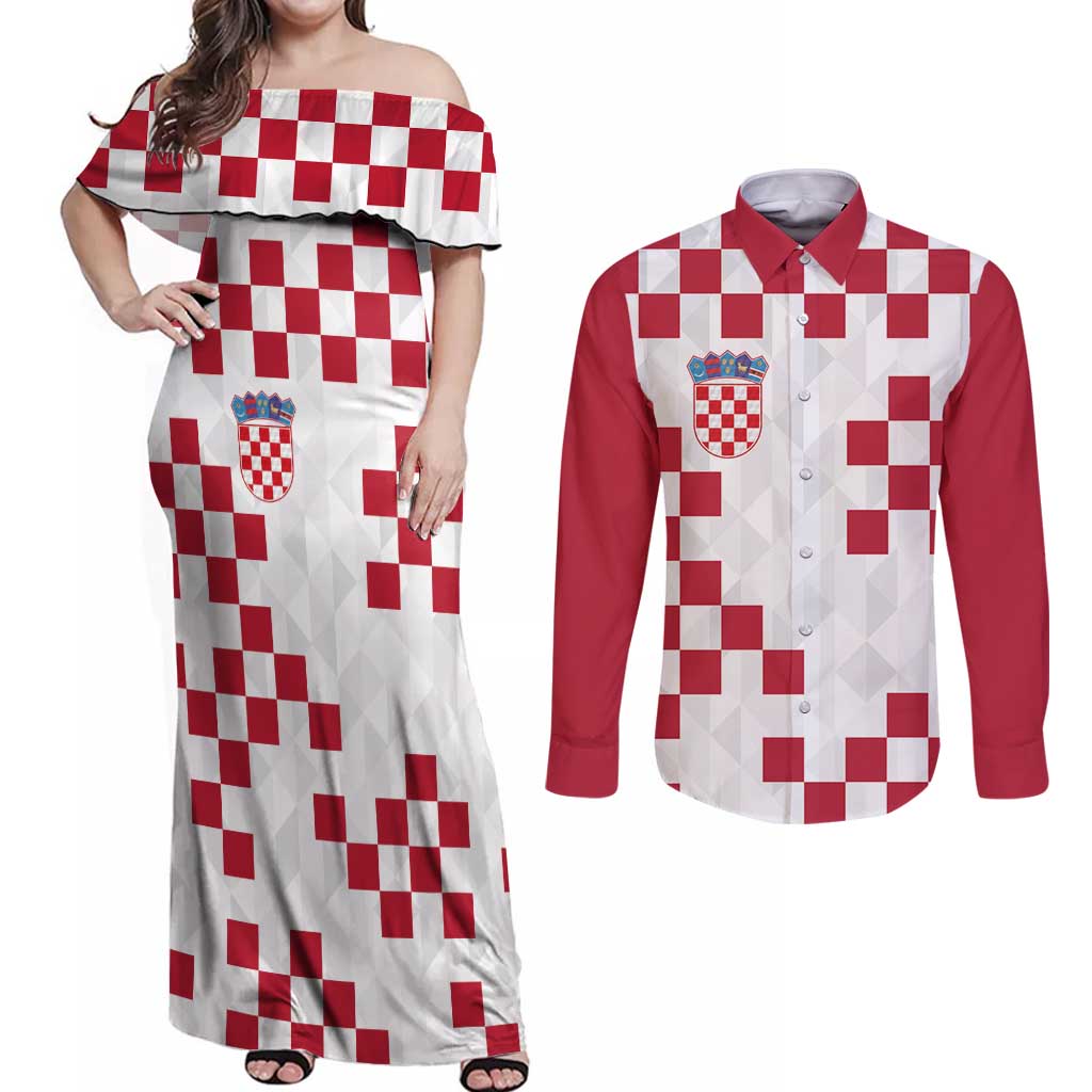 Custom Croatia Football 2024 Go Champion Couples Matching Off Shoulder Maxi Dress and Long Sleeve Button Shirt - Wonder Print Shop