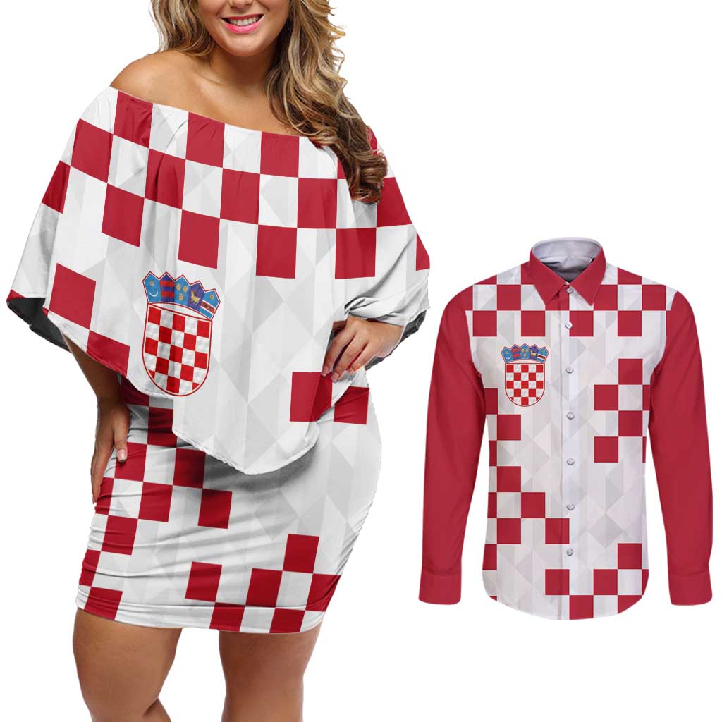Custom Croatia Football 2024 Go Champion Couples Matching Off Shoulder Short Dress and Long Sleeve Button Shirt - Wonder Print Shop
