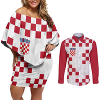 Custom Croatia Football 2024 Go Champion Couples Matching Off Shoulder Short Dress and Long Sleeve Button Shirt - Wonder Print Shop