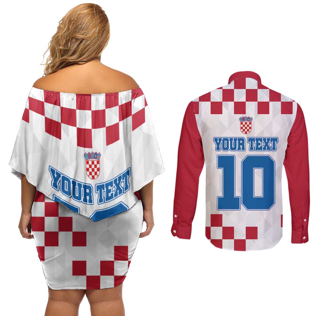 Custom Croatia Football 2024 Go Champion Couples Matching Off Shoulder Short Dress and Long Sleeve Button Shirt - Wonder Print Shop