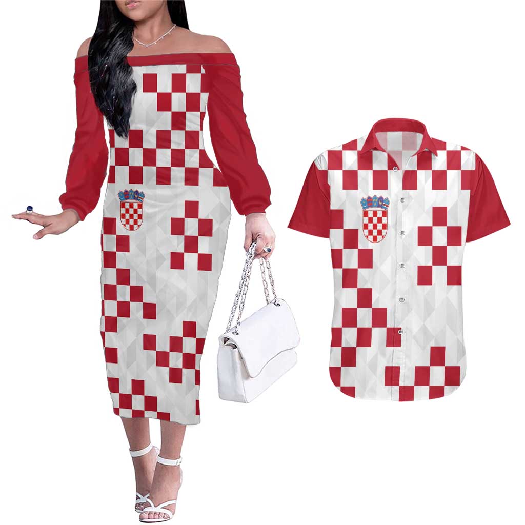 Custom Croatia Football 2024 Go Champion Couples Matching Off The Shoulder Long Sleeve Dress and Hawaiian Shirt - Wonder Print Shop