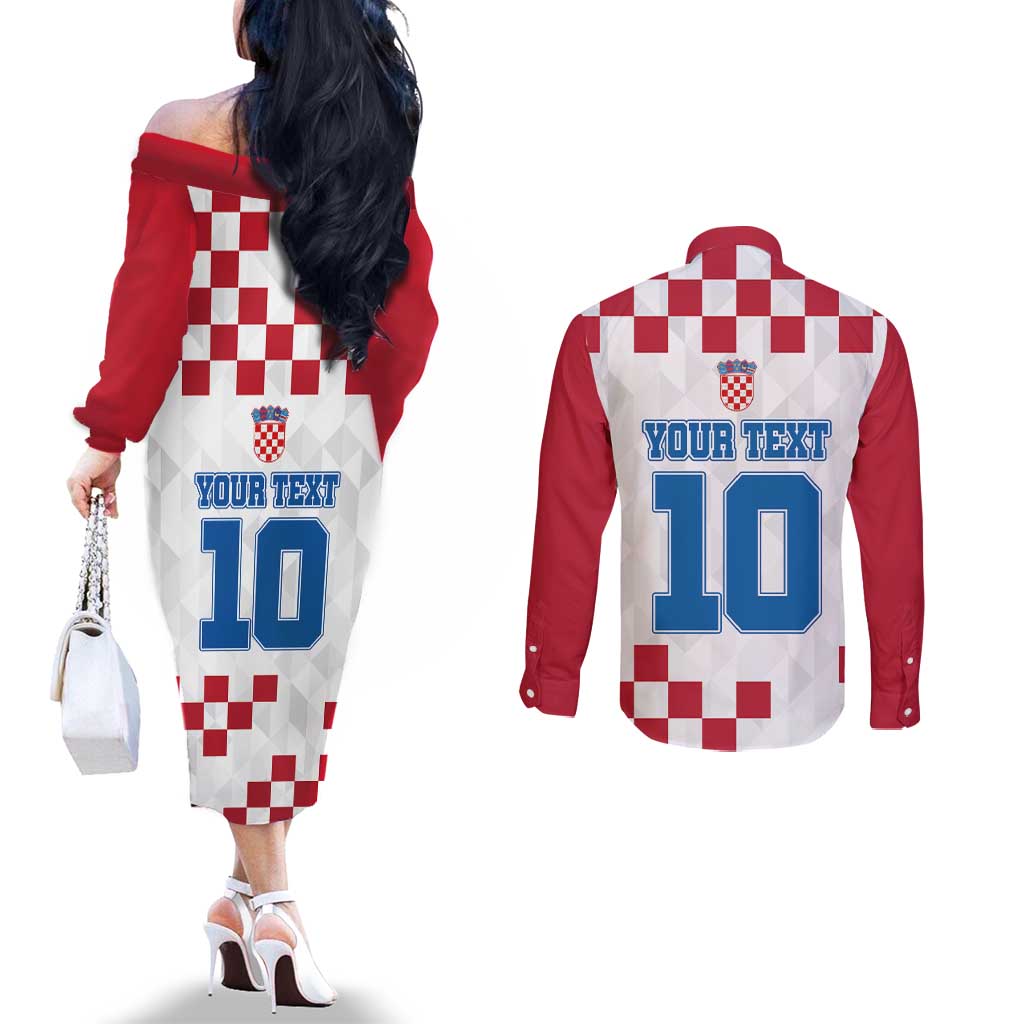 Custom Croatia Football 2024 Go Champion Couples Matching Off The Shoulder Long Sleeve Dress and Long Sleeve Button Shirt