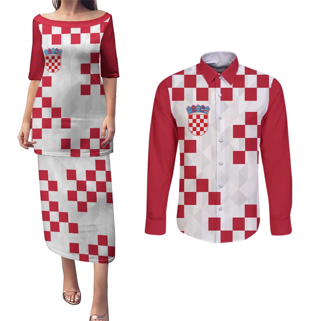 Custom Croatia Football 2024 Go Champion Couples Matching Puletasi and Long Sleeve Button Shirt - Wonder Print Shop