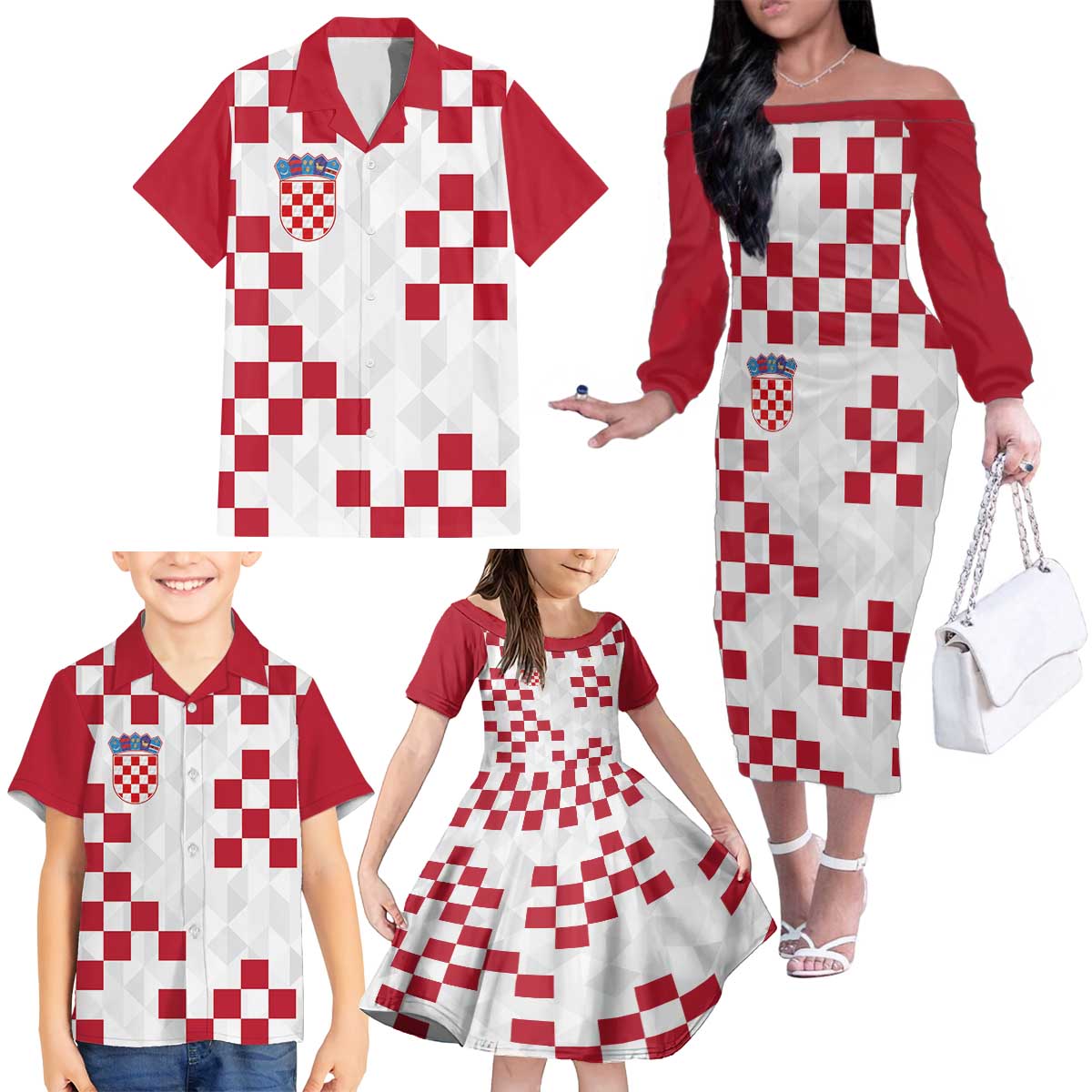 Custom Croatia Football 2024 Go Champion Family Matching Off The Shoulder Long Sleeve Dress and Hawaiian Shirt - Wonder Print Shop