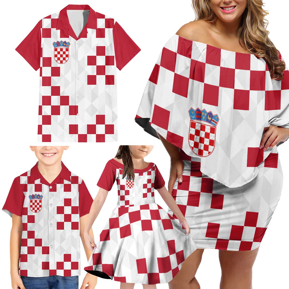Custom Croatia Football 2024 Go Champion Family Matching Off Shoulder Short Dress and Hawaiian Shirt - Wonder Print Shop