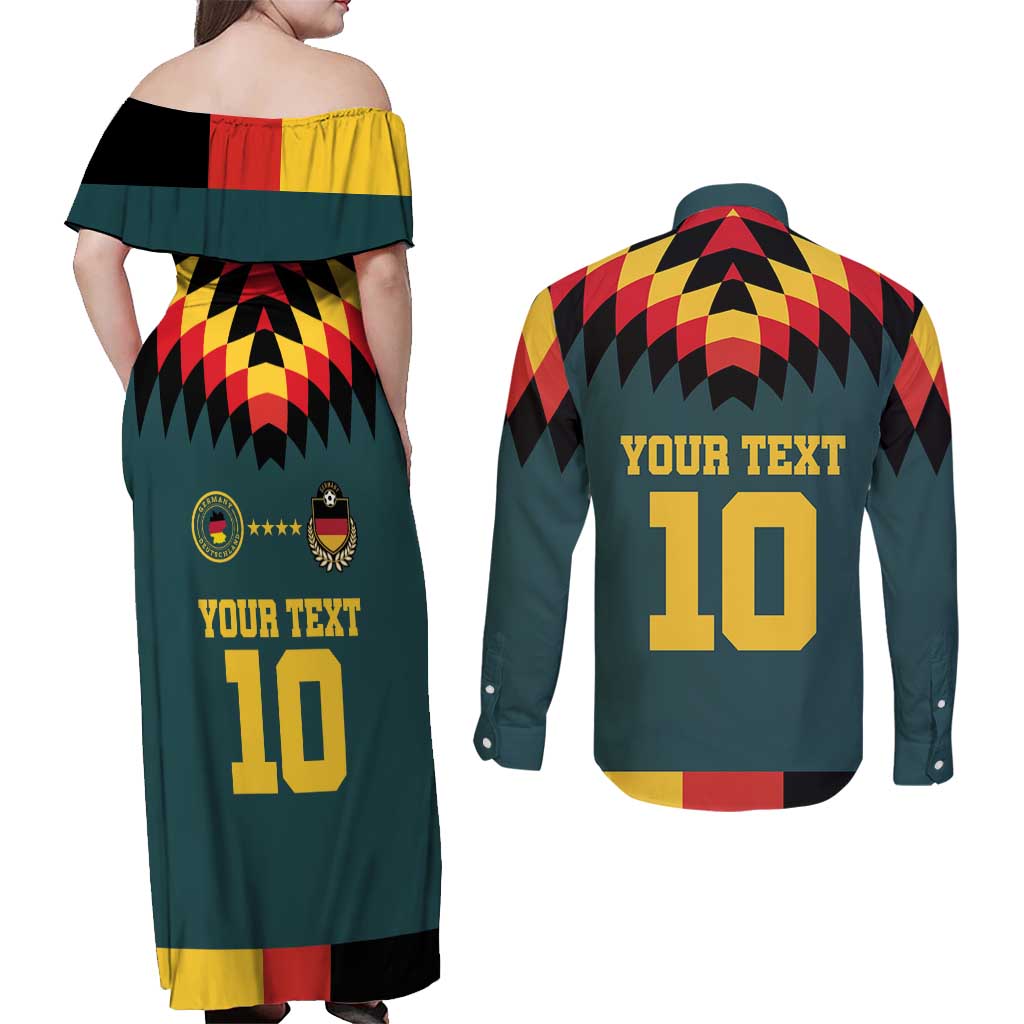 Custom Germany Football 2024 Go Champion Couples Matching Off Shoulder Maxi Dress and Long Sleeve Button Shirt Design 90s Style Away Color - Wonder Print Shop
