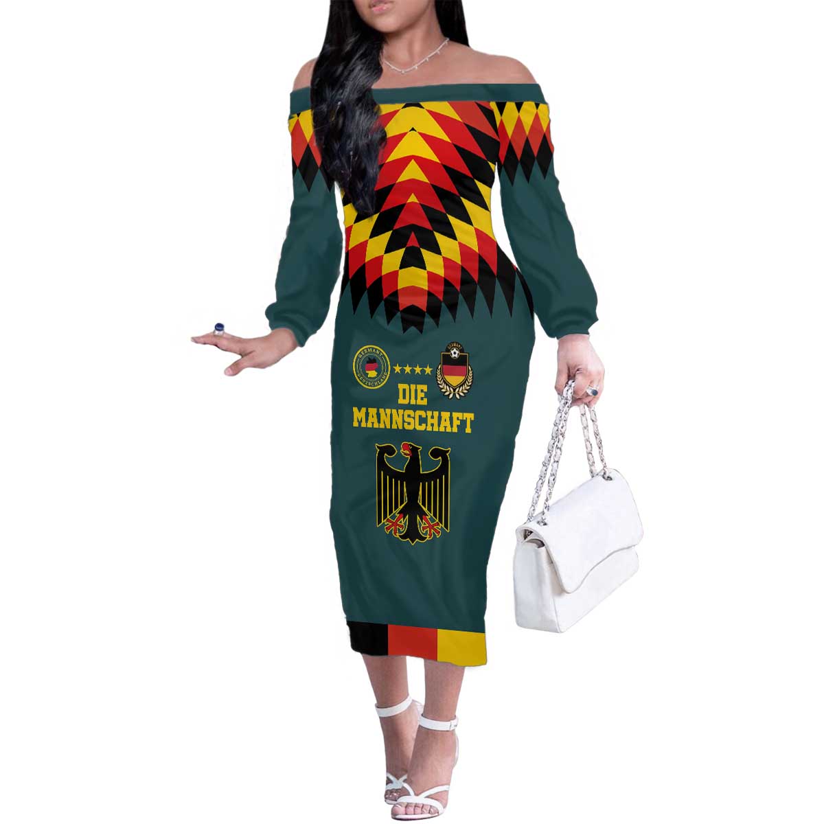 Custom Germany Football 2024 Go Champion Family Matching Off The Shoulder Long Sleeve Dress and Hawaiian Shirt Design 90s Style Away Color - Wonder Print Shop