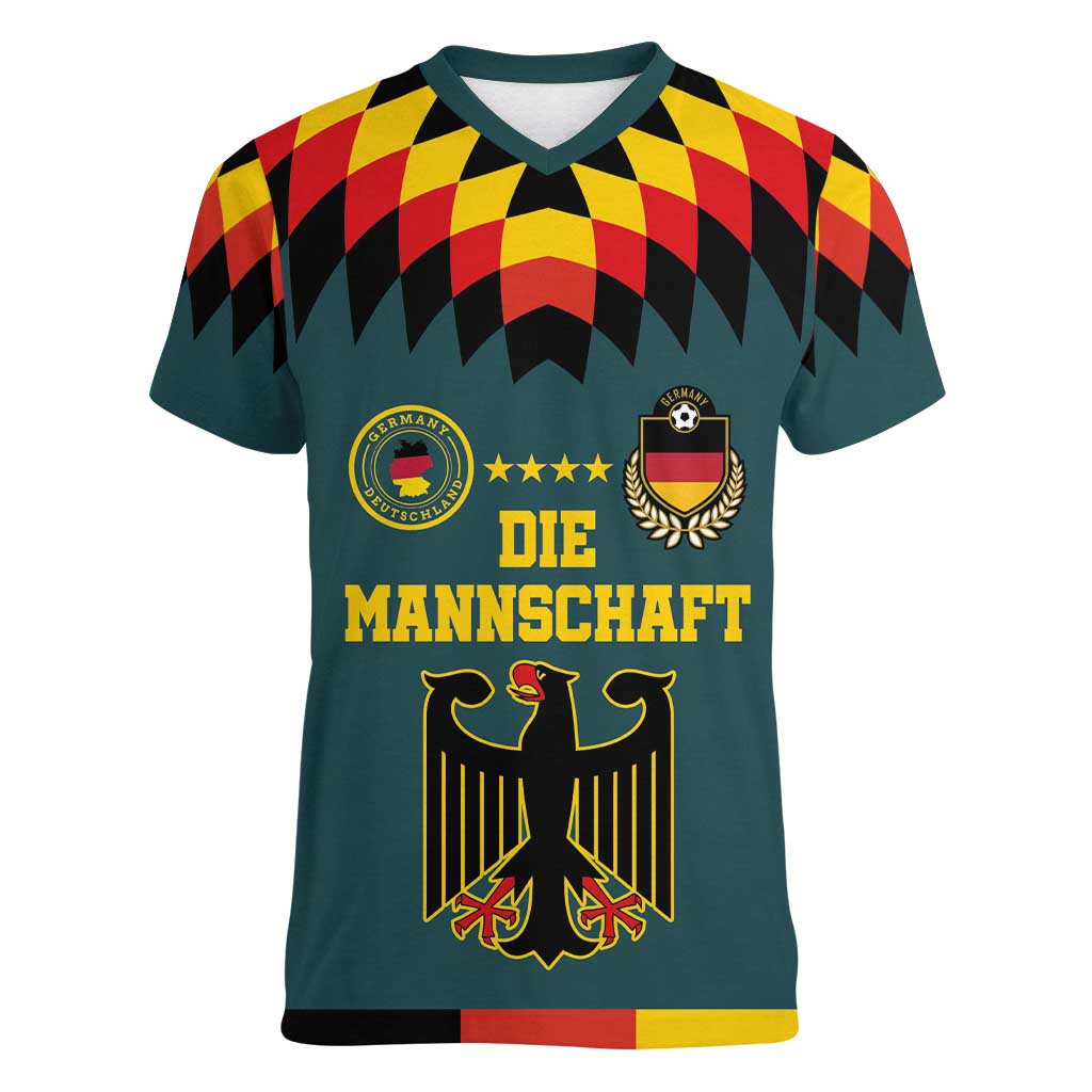Custom Germany Football 2024 Go Champion Women V-Neck T-Shirt Design 90s Style Away Color - Wonder Print Shop