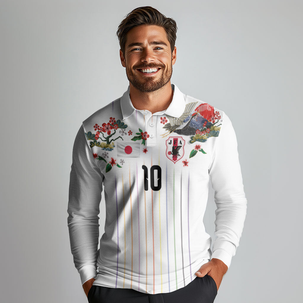 Japan Football Custom Long Sleeve Polo Shirt Colors Beyond Horizon Sashiko Effect White Version