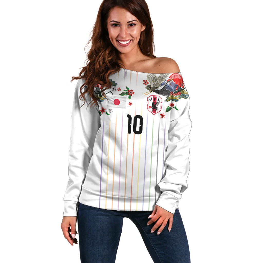Japan Football Custom Off Shoulder Sweater Colors Beyond Horizon Sashiko Effect White Version