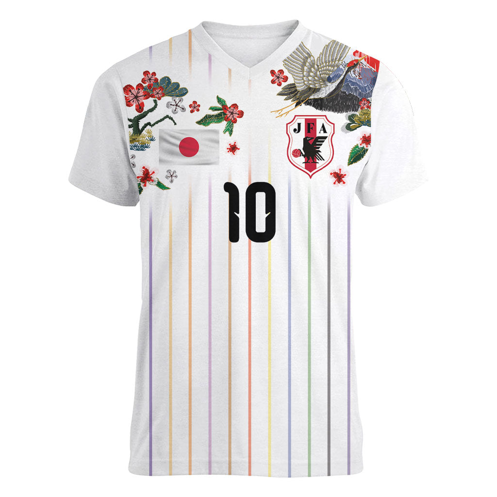 Japan Football Custom Women V-Neck T-Shirt Colors Beyond Horizon Sashiko Effect White Version
