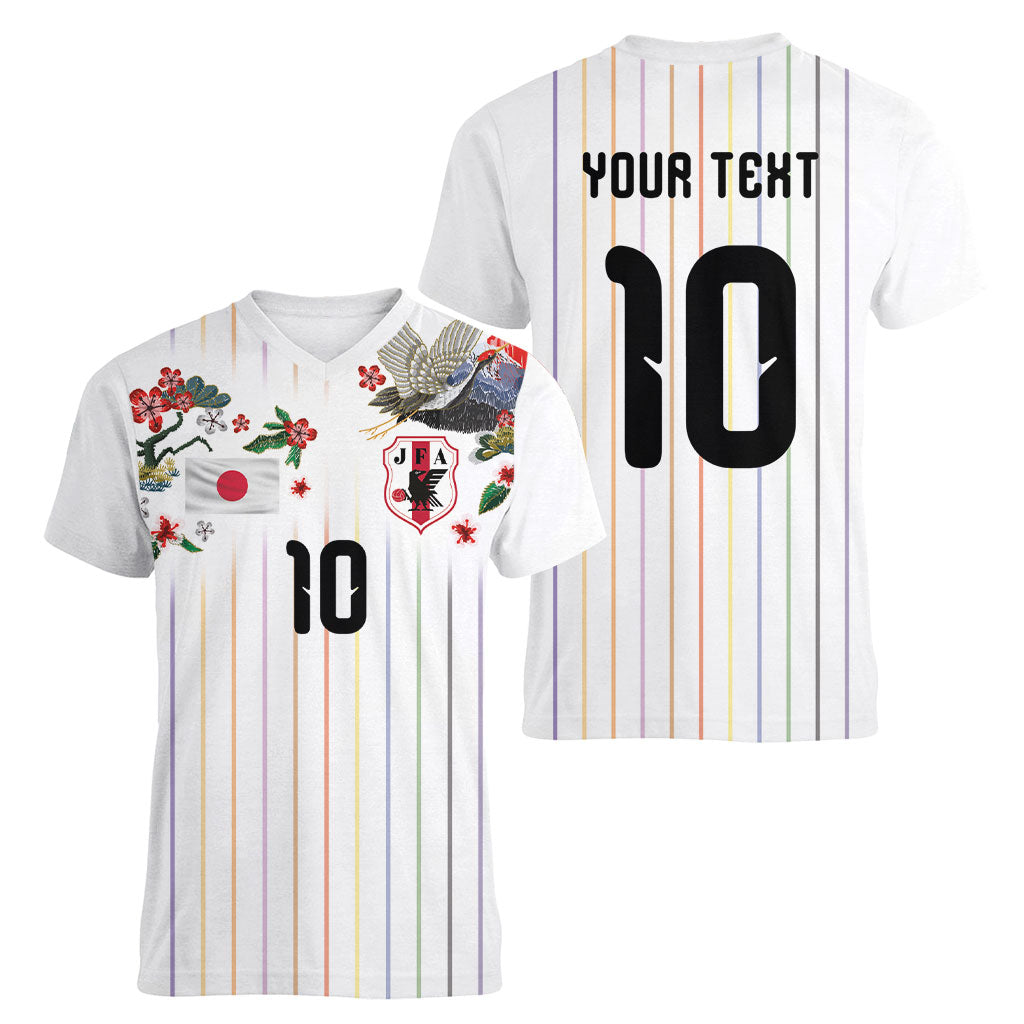 Japan Football Custom Women V-Neck T-Shirt Colors Beyond Horizon Sashiko Effect White Version