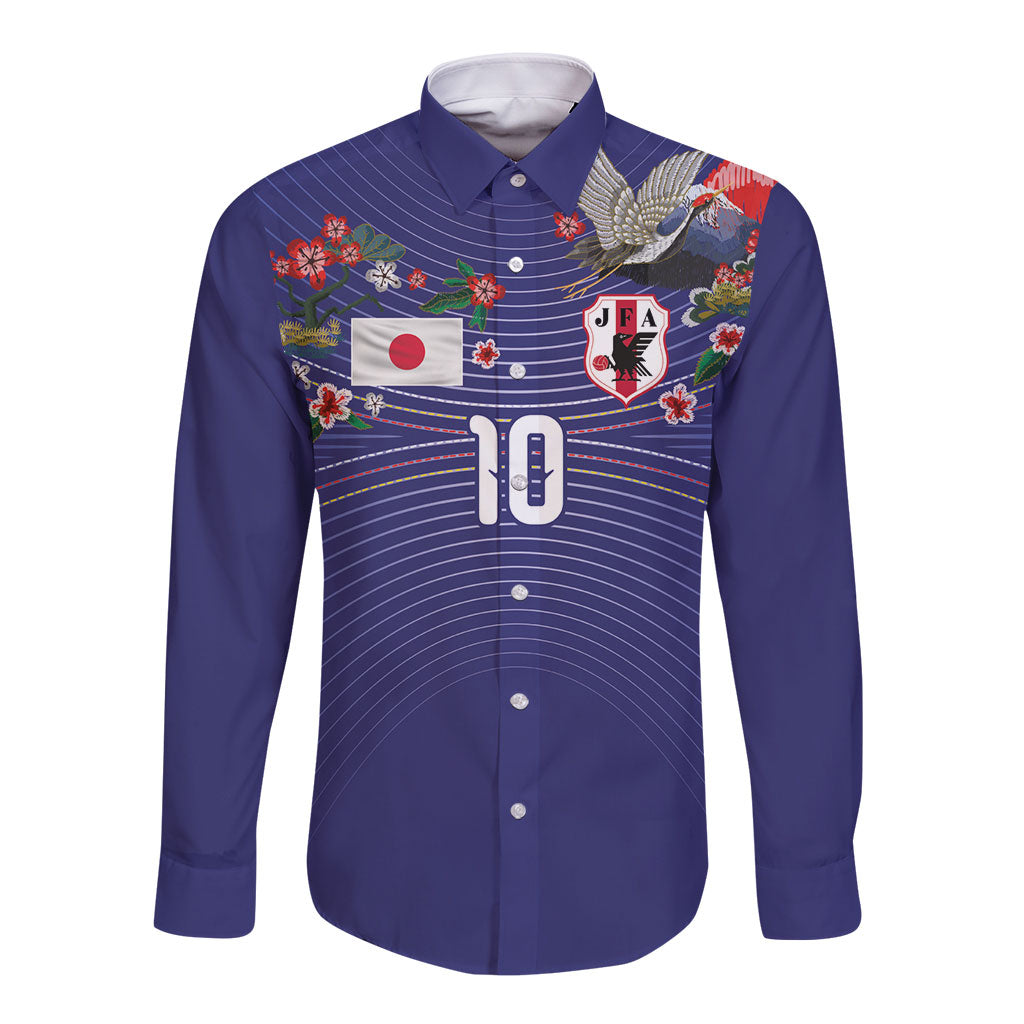 Japan Football Custom Long Sleeve Button Shirt Japanese Culture with Sashiko Effect
