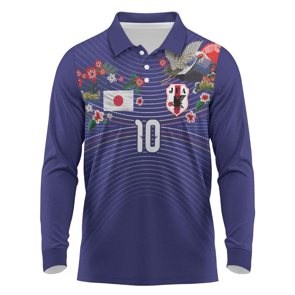 Japan Football Custom Long Sleeve Polo Shirt Japanese Culture with Sashiko Effect