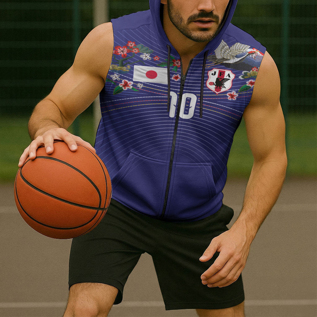 Japan Football Custom Sleeveless Zip Hoodie Japanese Culture with Sashiko Effect