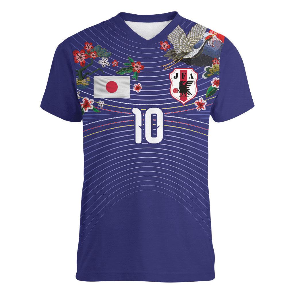 Japan Football Custom Women V-Neck T-Shirt Japanese Culture with Sashiko Effect