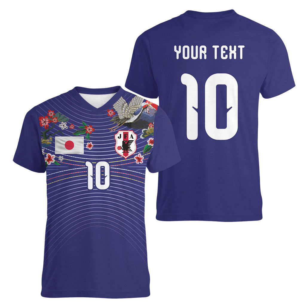 Japan Football Custom Women V-Neck T-Shirt Japanese Culture with Sashiko Effect
