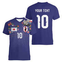 Japan Football Custom Women V-Neck T-Shirt Japanese Culture with Sashiko Effect