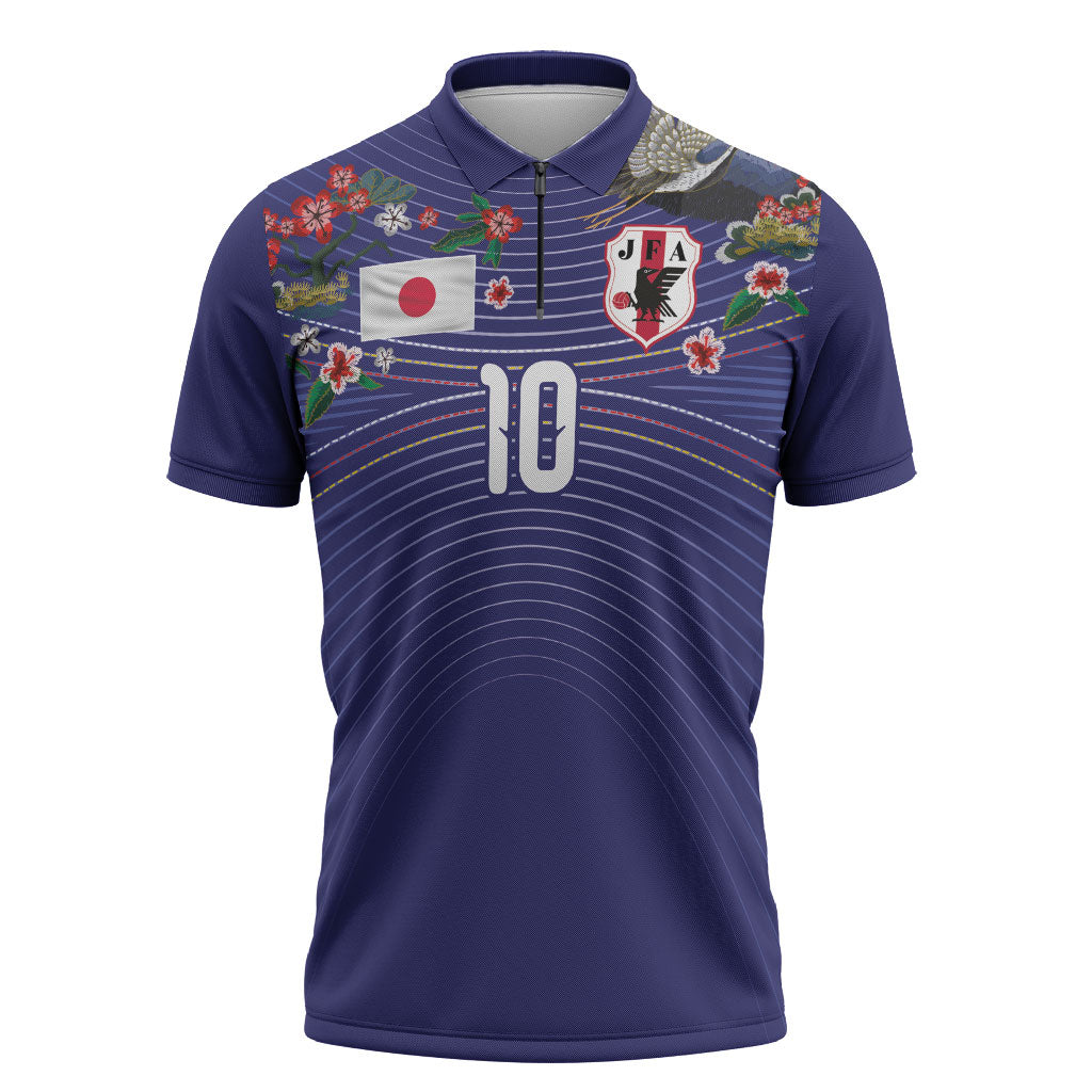 Japan Football Custom Zipper Polo Shirt Japanese Culture with Sashiko Effect