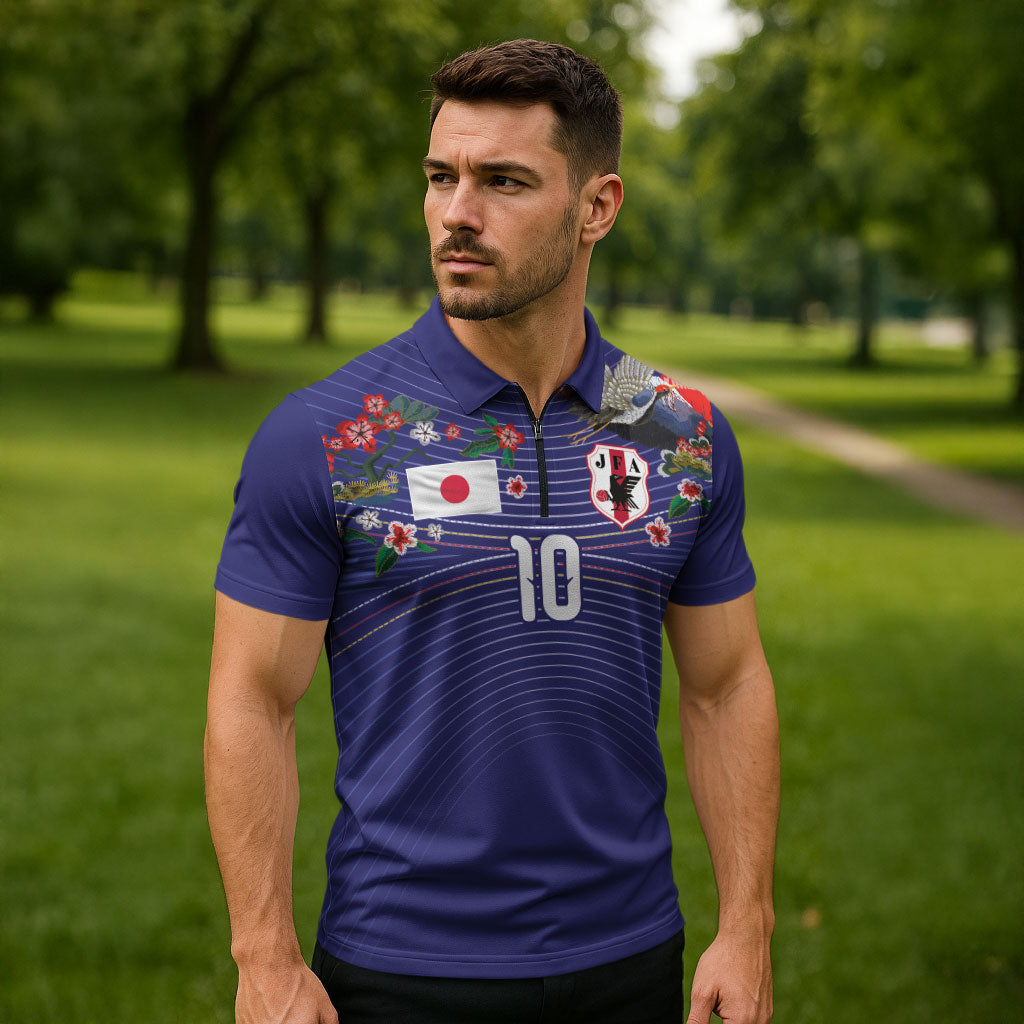 Japan Football Custom Zipper Polo Shirt Japanese Culture with Sashiko Effect