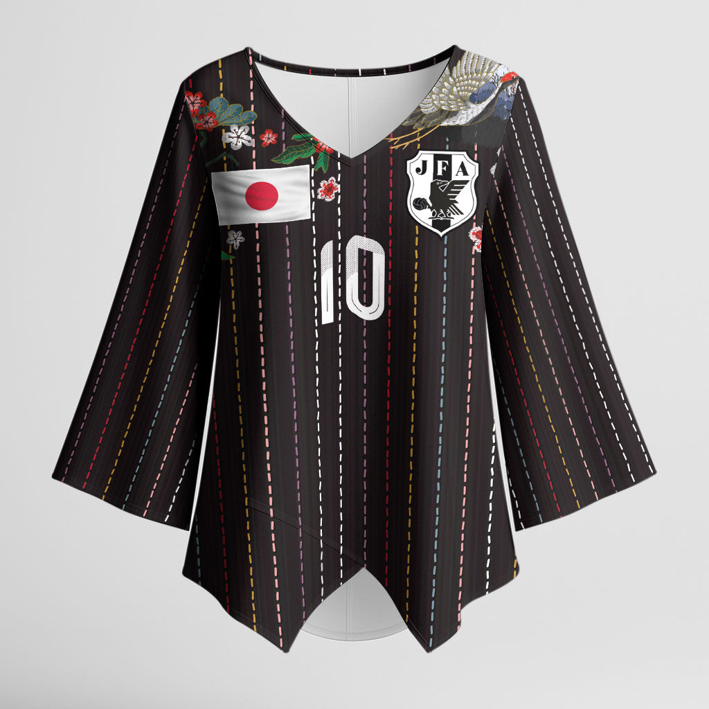 Japan Football Custom Kimono Sleeve Blouse Colors Beyond Horizon Sashiko Effect Black Version
