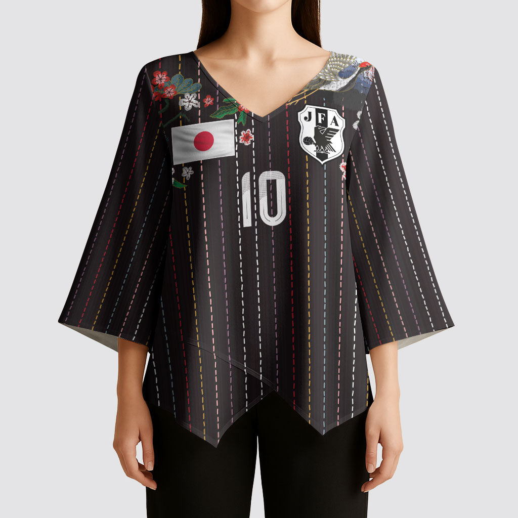 Japan Football Custom Kimono Sleeve Blouse Colors Beyond Horizon Sashiko Effect Black Version