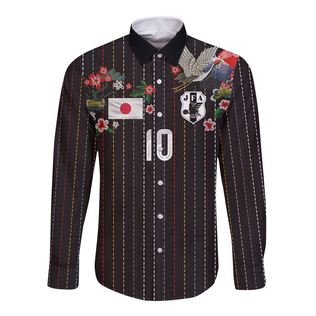 Japan Football Custom Long Sleeve Button Shirt Colors Beyond Horizon Sashiko Effect Black Version
