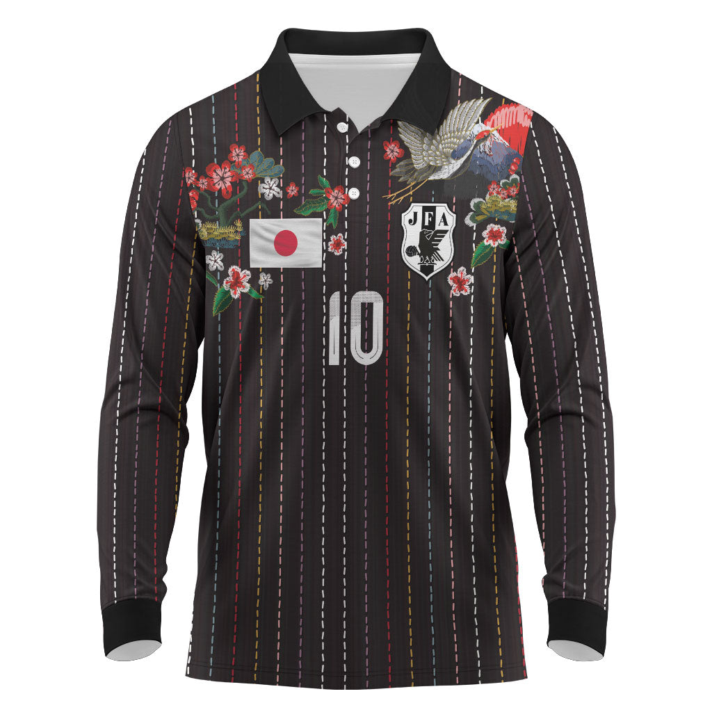 Japan Football Custom Long Sleeve Polo Shirt Colors Beyond Horizon Sashiko Effect Black Version