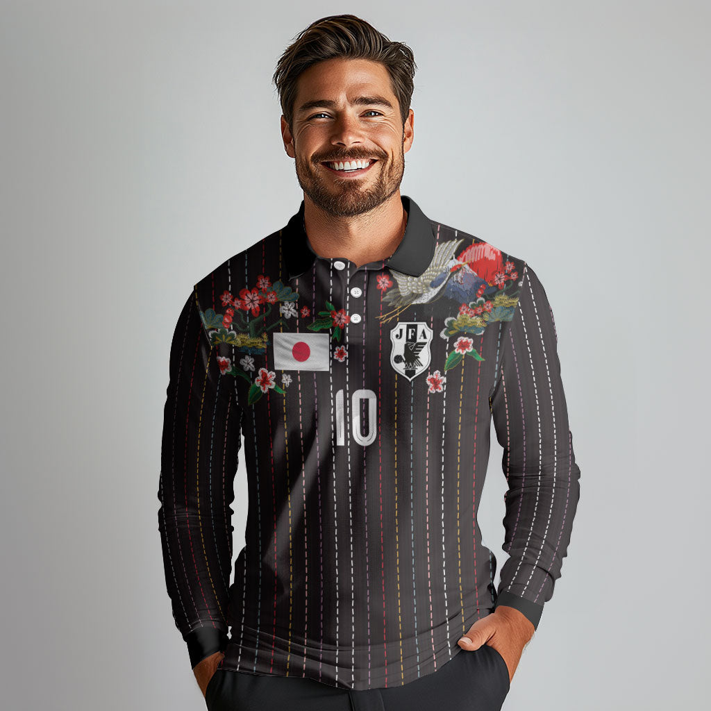 Japan Football Custom Long Sleeve Polo Shirt Colors Beyond Horizon Sashiko Effect Black Version