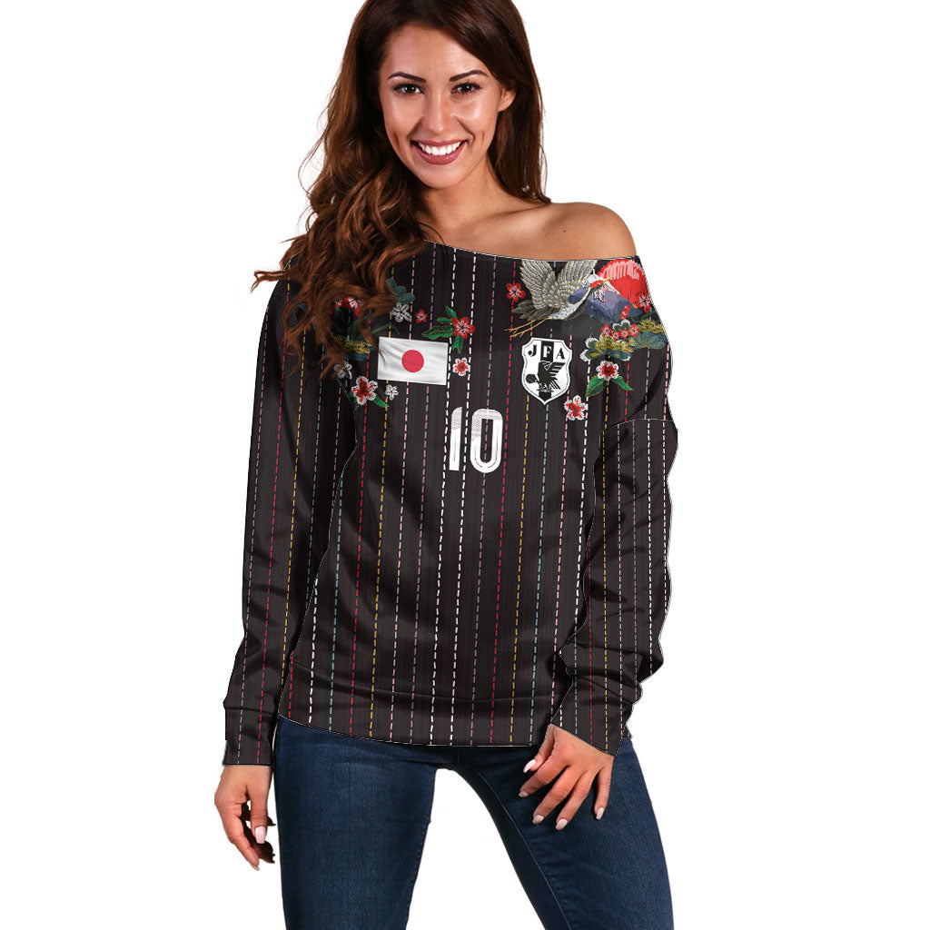 Japan Football Custom Off Shoulder Sweater Colors Beyond Horizon Sashiko Effect Black Version