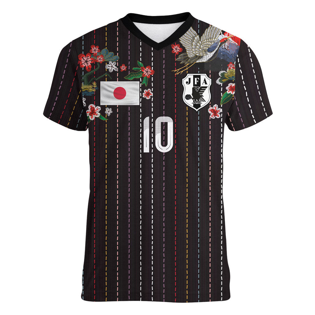 Japan Football Custom Women V-Neck T-Shirt Colors Beyond Horizon Sashiko Effect Black Version