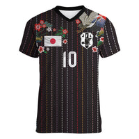 Japan Football Custom Women V-Neck T-Shirt Colors Beyond Horizon Sashiko Effect Black Version