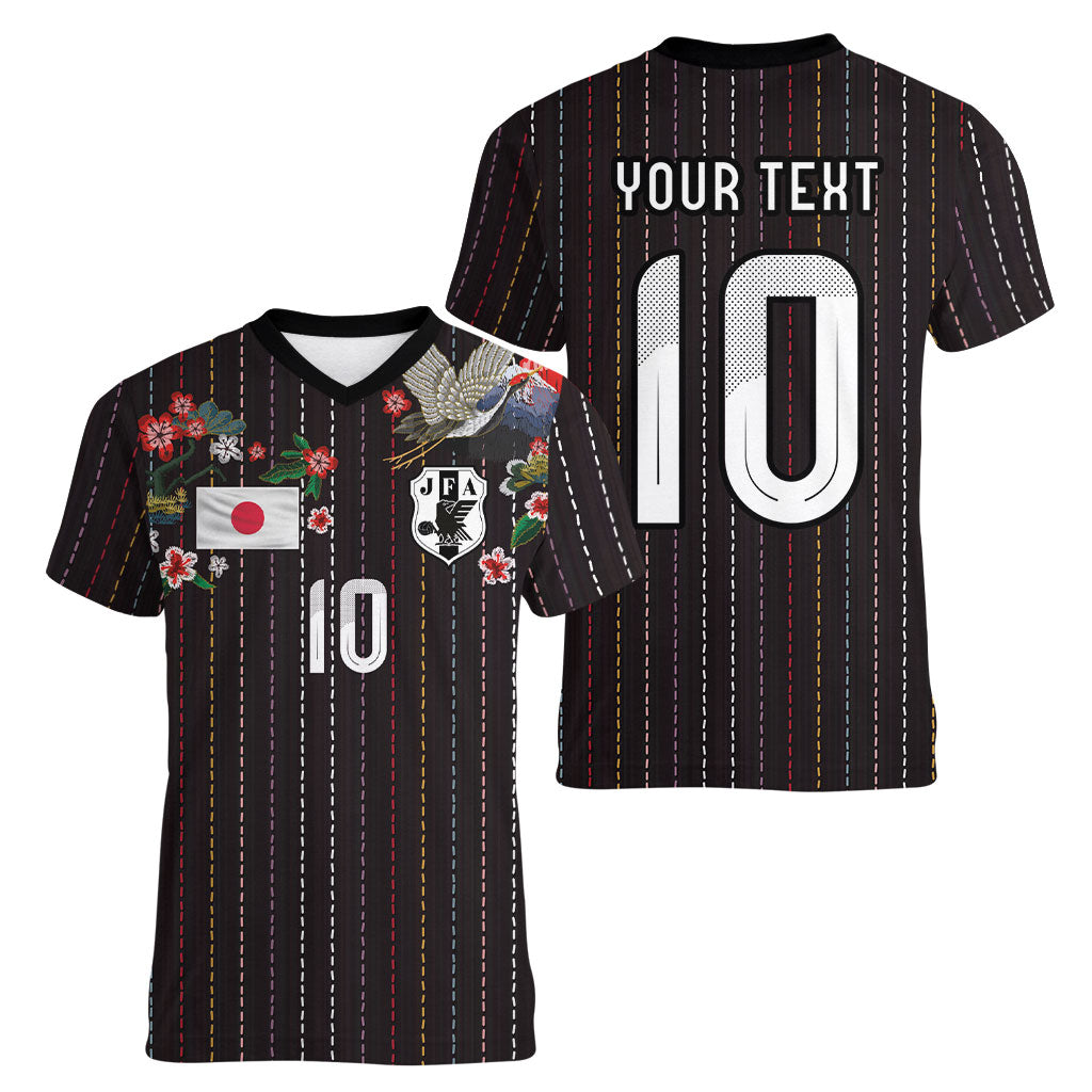 Japan Football Custom Women V-Neck T-Shirt Colors Beyond Horizon Sashiko Effect Black Version