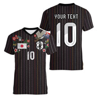 Japan Football Custom Women V-Neck T-Shirt Colors Beyond Horizon Sashiko Effect Black Version