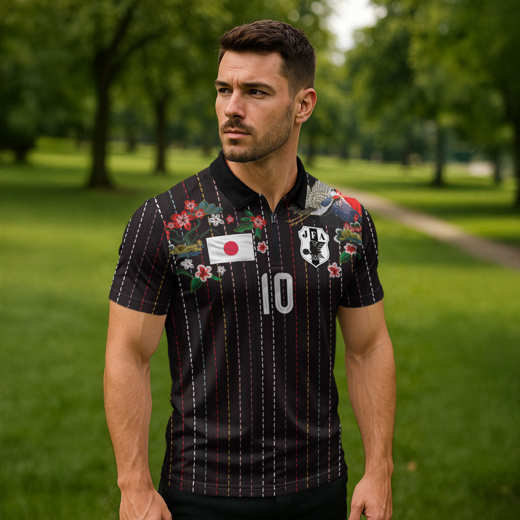 Japan Football Custom Zipper Polo Shirt Colors Beyond Horizon Sashiko Effect Black Version