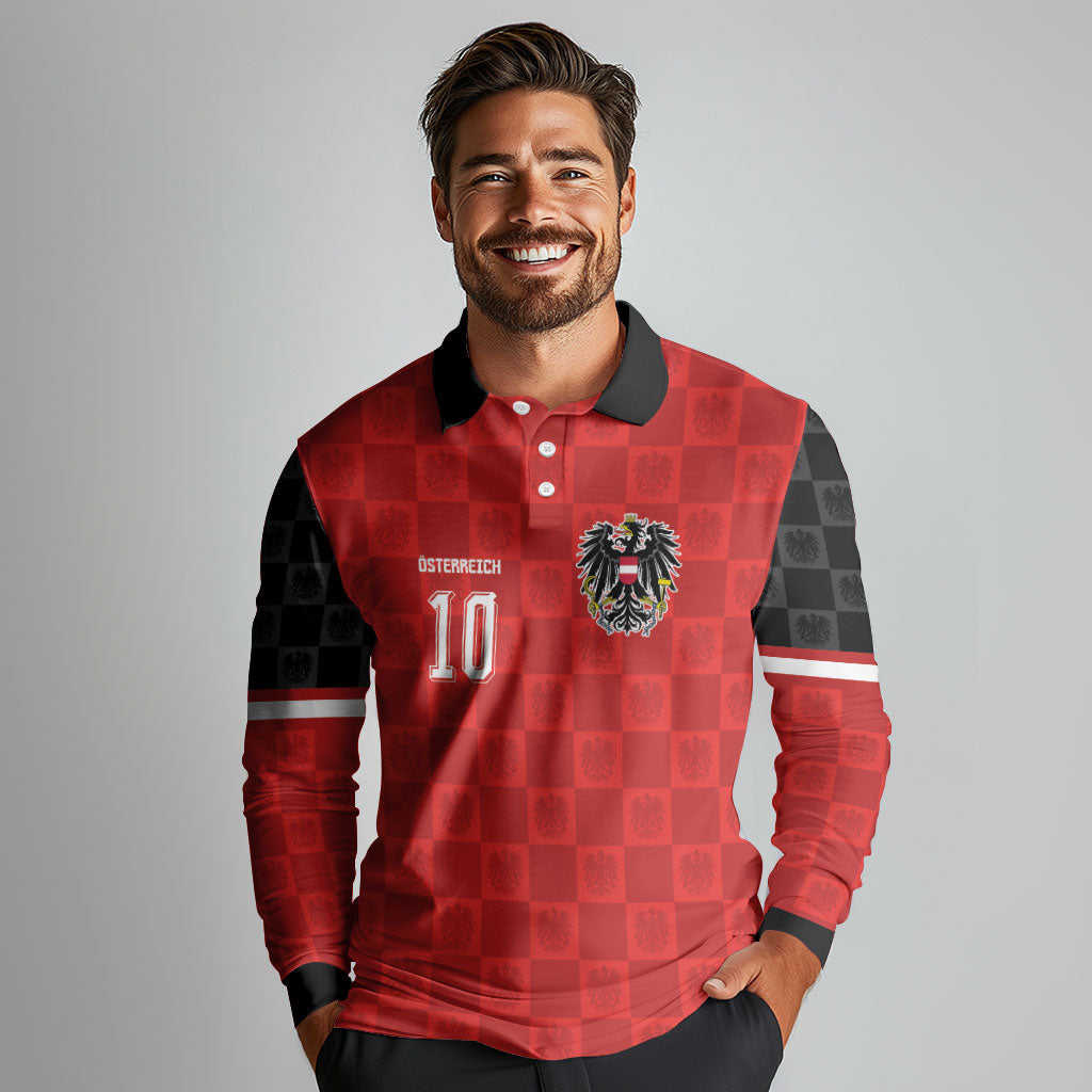 Austria Football Custom Long Sleeve Polo Shirt Bundesadler Red Checkerboard Eagle