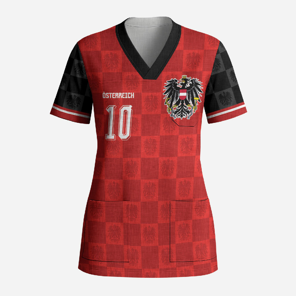 Austria Football Custom Scrub Top Bundesadler Red Checkerboard Eagle
