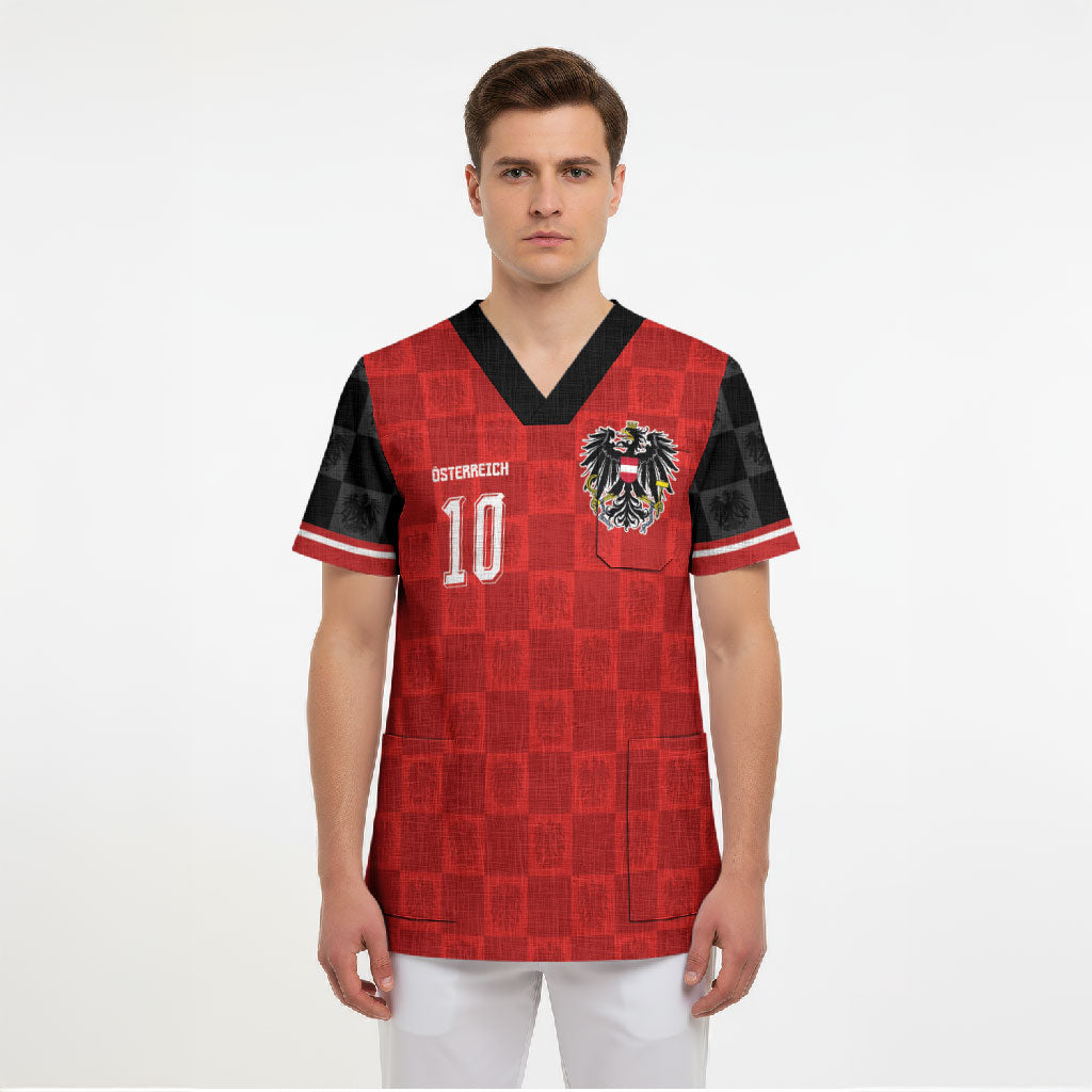 Austria Football Custom Scrub Top Bundesadler Red Checkerboard Eagle