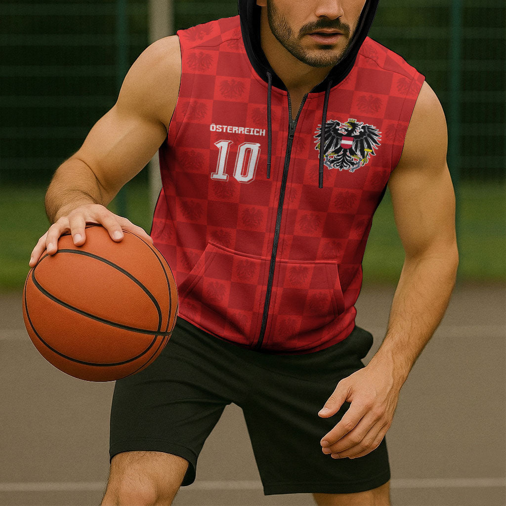 Austria Football Custom Sleeveless Zip Hoodie Bundesadler Red Checkerboard Eagle