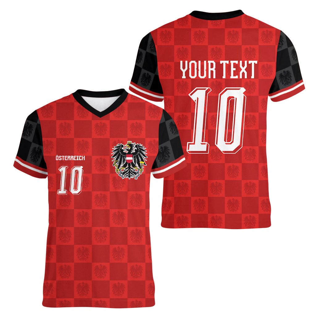 Austria Football Custom Women V-Neck T-Shirt Bundesadler Red Checkerboard Eagle