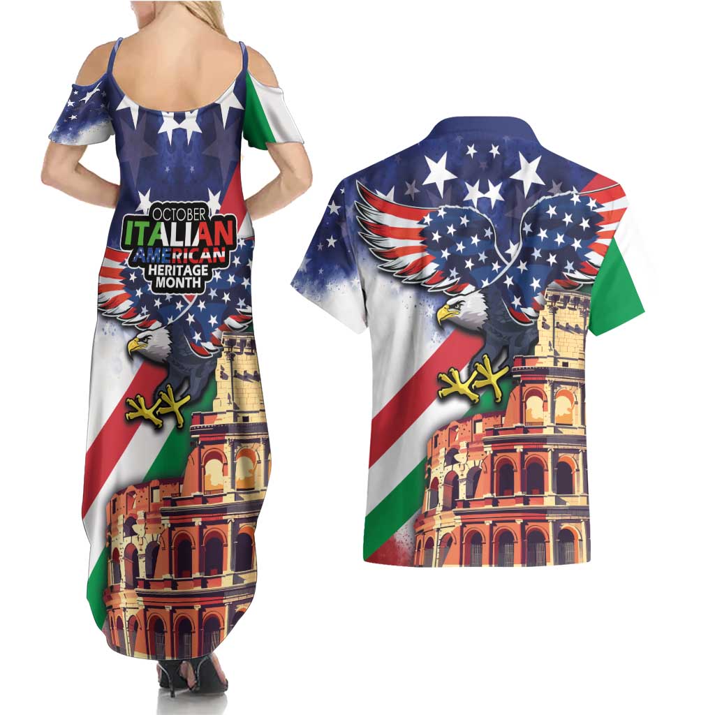 Italian American Heritage Month Couples Matching Summer Maxi Dress and Hawaiian Shirt USA Eagle and The Colosseum with National Flag - Wonder Print Shop