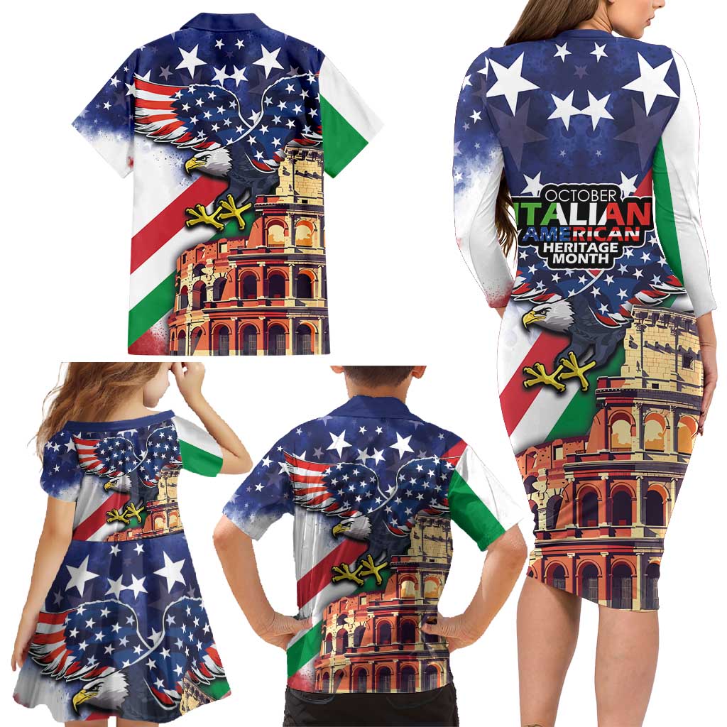 Italian American Heritage Month Family Matching Long Sleeve Bodycon Dress and Hawaiian Shirt USA Eagle and The Colosseum with National Flag - Wonder Print Shop