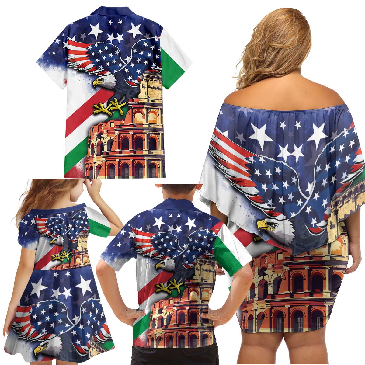 Italian American Heritage Month Family Matching Off Shoulder Short Dress and Hawaiian Shirt USA Eagle and The Colosseum with National Flag - Wonder Print Shop