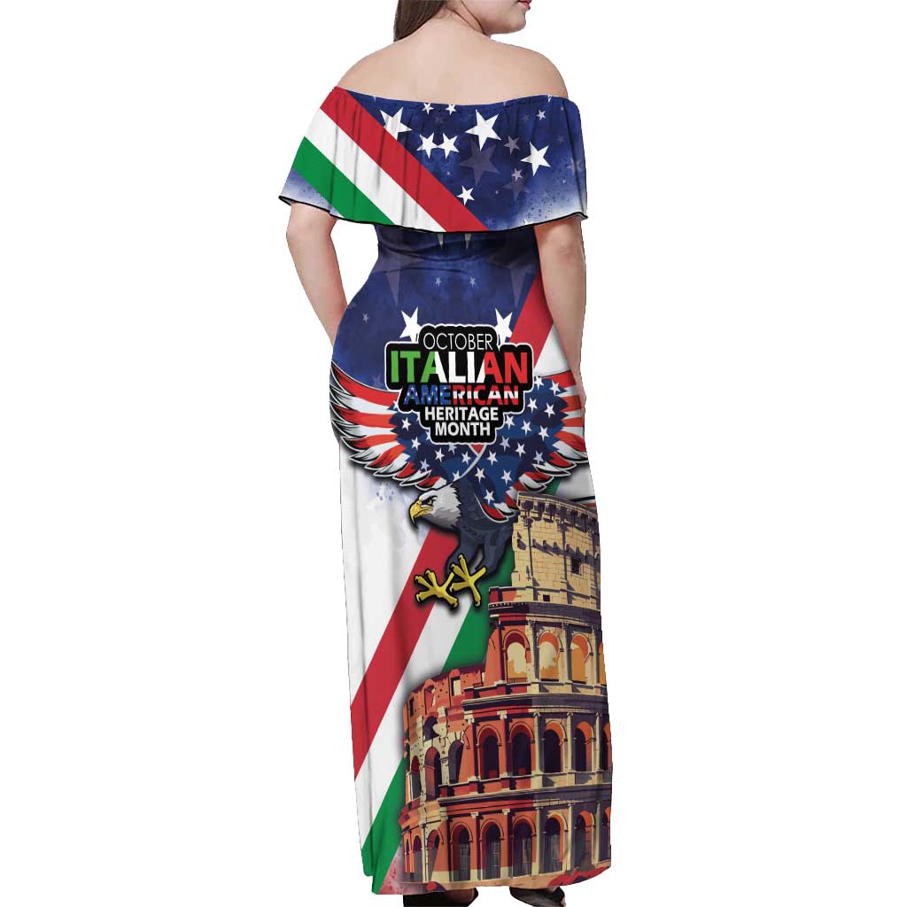 Italian American Heritage Month Off Shoulder Maxi Dress USA Eagle and The Colosseum with National Flag - Wonder Print Shop