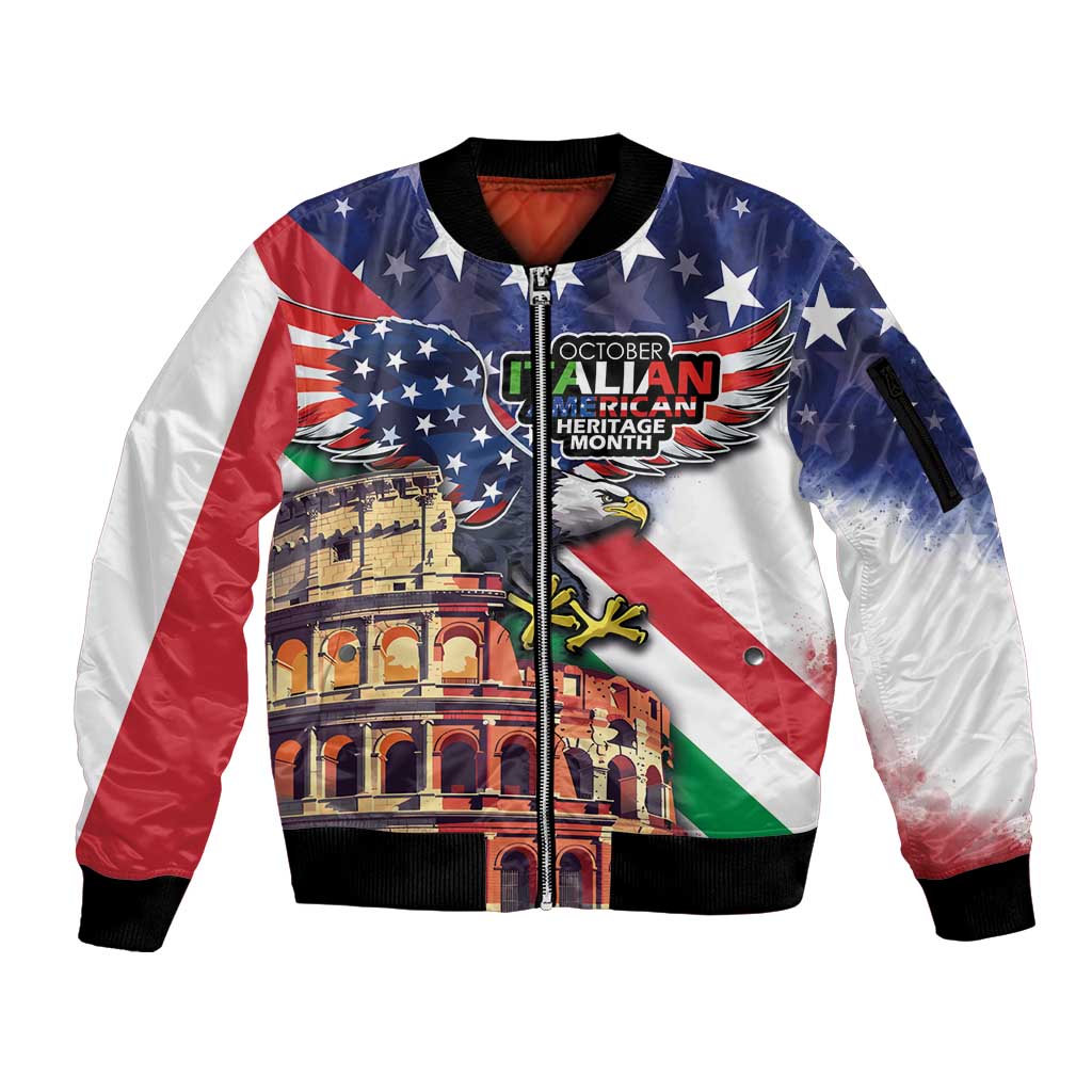 Italian American Heritage Month Sleeve Zip Bomber Jacket USA Eagle and The Colosseum with National Flag - Wonder Print Shop