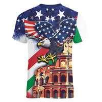 Italian American Heritage Month Women V-Neck T-Shirt USA Eagle and The Colosseum with National Flag - Wonder Print Shop
