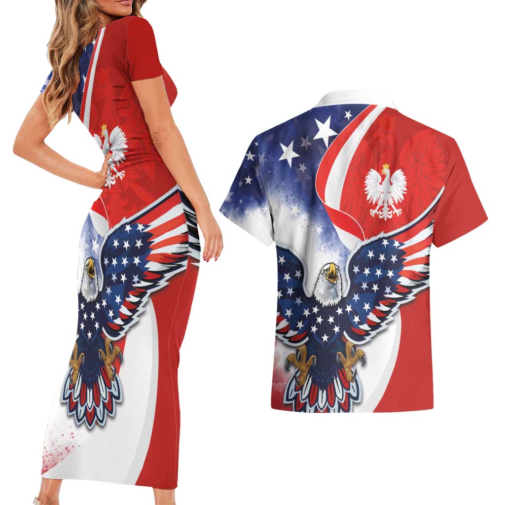 Polish American Heritage Month Couples Matching Short Sleeve Bodycon Dress and Hawaiian Shirt USA Eagle and Poland Eagle with National Flag - Wonder Print Shop