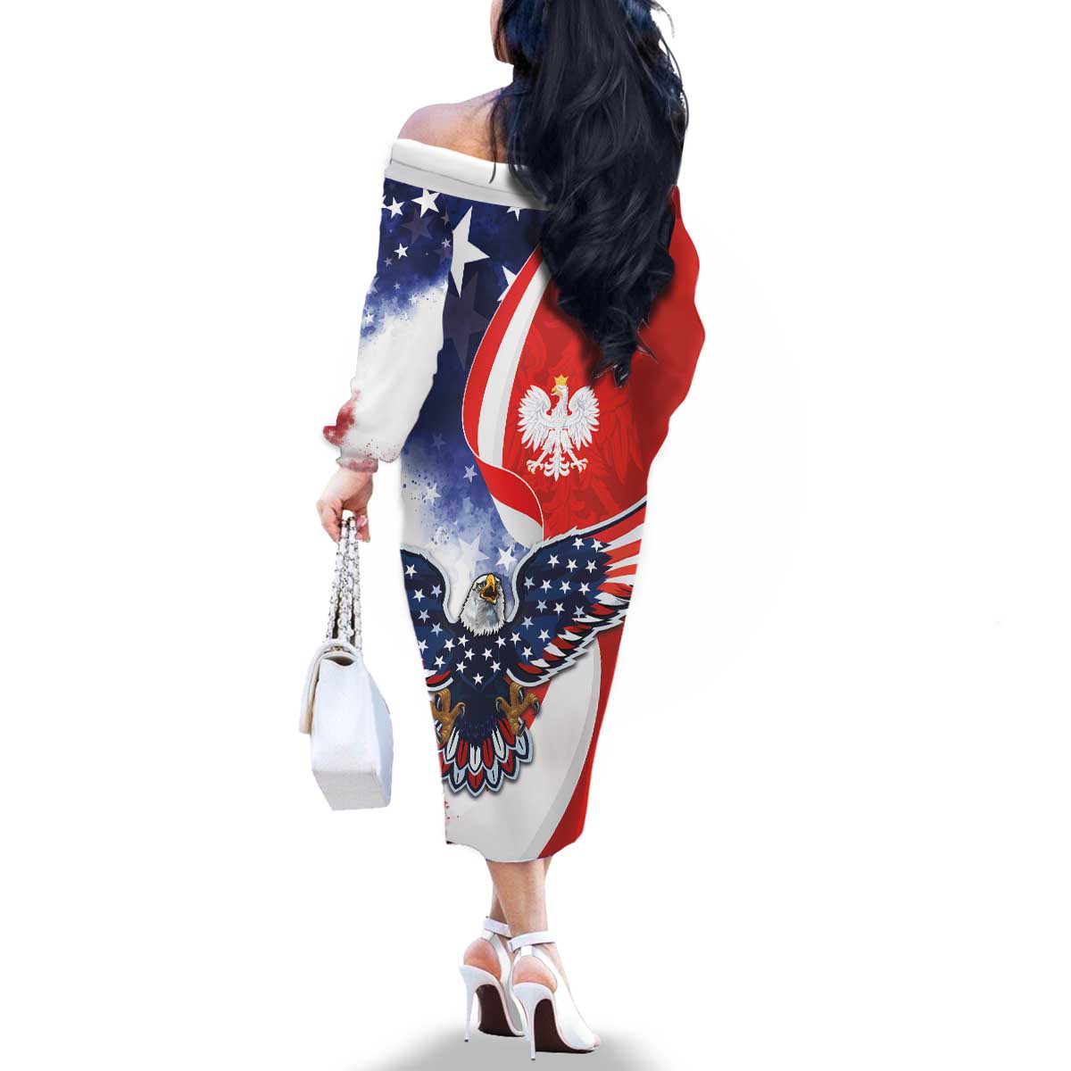 Polish American Heritage Month Family Matching Off The Shoulder Long Sleeve Dress and Hawaiian Shirt USA Eagle and Poland Eagle with National Flag - Wonder Print Shop
